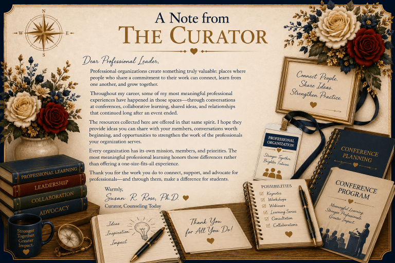 A Note from the Curator thanking professional leaders for connecting, supporting, and advocating for the professionals they serve.